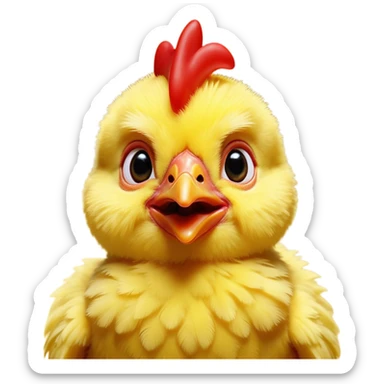 Cinematic Comical Yellow Baby Chicken Portrait Emoji, Head tilted dramatically with an exaggeratedly amused expression, featuring a striking, fluffy yellow downy coat with a tiny quirky red comb, wide, expressive beady eyes filled with playful disbelief, Simplified yet hilariously expressive features, highly detailed, glowing with a slightly sassy glow, high shine, dramatic yet playful, stylized with an air of cheeky mischief, bright and endearing, soft glowing outline, capturing the essence of a spirited and over-the-top chick, so meme-worthy it feels like it could peep its way into internet fame instantly! sticker