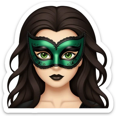 Greeneyed Woman hair with Long Dark brown hair wearing Black venetian mask sticker