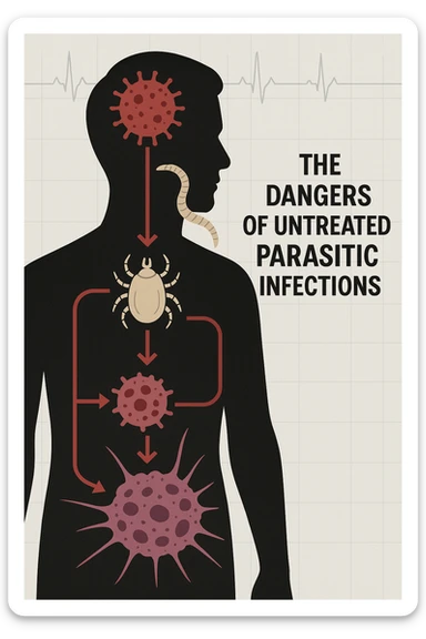 a man’s silhouette is filled with stylized images of parasites and tumor cells, connected by red lines or arrows to show cause and effect. The background features a medical chart or infographic about the dangers of untreated parasitic infections. The overall tone is serious and educational. scritto in italiano sticker