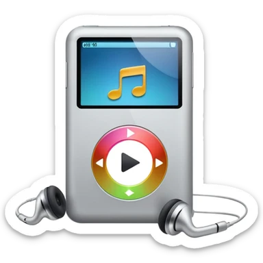 An iPod with headphones, showing a play button sticker