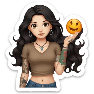 A girl with fair skin and a little fat - long black hair with big waves - tattoos on her arms - wearing a brown navel-revealing short-sleeved shirt sticker