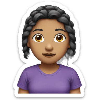 Girl with long black hair with braid wearing short purple t-shirt sticker