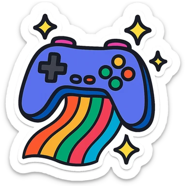 a sticker-style game controller with a rainbow trail and sparkles, for an inclusive sassy gaming group sticker