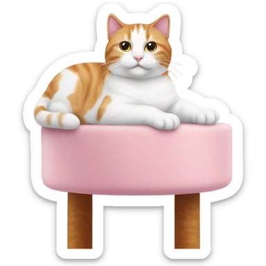 A chunky white and ginger cat on top of a pink cat tree sticker