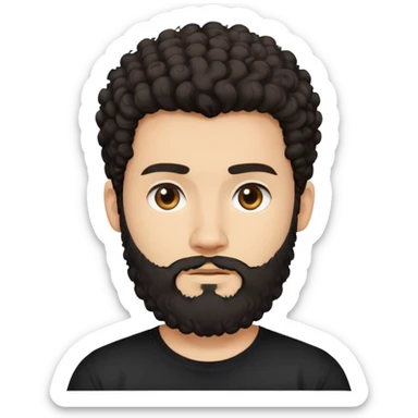 young man with light skin, thick curly dark hair, full beard, neutral expression, plain black t-shirt, front-facing, minimalistic, simplified features, clean lines, flat design sticker