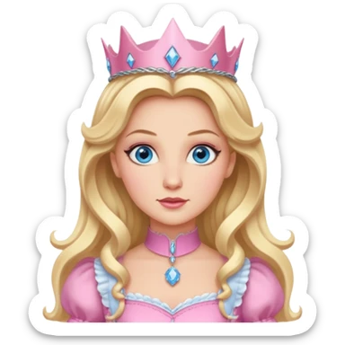 Glinda from the Wizard of Oz with blue eyes, blonde long hair, pink outfit sticker