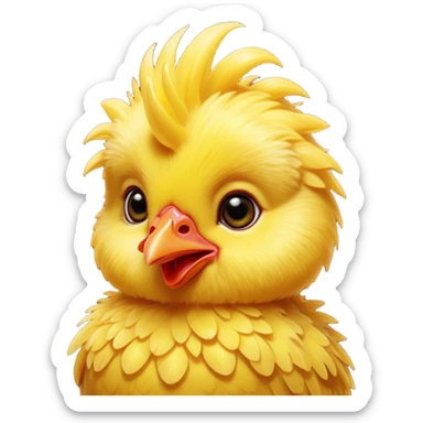 Cinematic Cute Yellow Baby Chicken Portrait Emoji, Head tilted playfully and inquisitively, featuring a fluffy, vibrant yellow downy coat with a tiny red comb, round, sparkling beady eyes filled with curiosity, Simplified yet irresistibly adorable features, highly detailed, glowing with a warm, friendly glow, high shine, affectionate and lively, stylized with a touch of playful whimsy, bright and endearing, soft glowing outline, capturing the essence of a mischievous yet loving chick, so playful it feels like it could peep out of the screen and into your arms! sticker