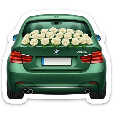 BMW car, rear view, trunk overflowing with white roses, emoji style sticker