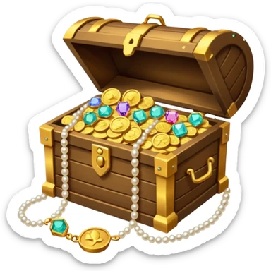 A treasure chest is slightly open and peeking out from inside are treasures: colored diamonds, gold necklaces, pearls, and gold coins. sticker