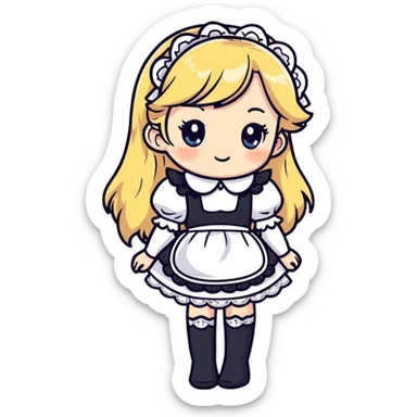 flirty petite blonde catgirl woman long hair freckles shy lace white French maid bare feet detailed face sticker