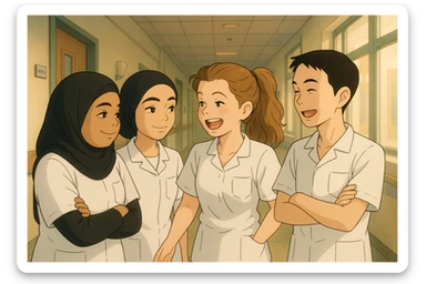 Four nursing students, Ghibli style, inspired by the photos, laughing and chatting in a hospital corridor. They wear short-sleeved white uniforms with V-neck medical tunics, left chest pocket, no collar stand, no stethoscopes, bare forearms, and long hair tied back for those who have it. The atmosphere is friendly and relaxed. sticker