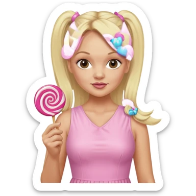 Emma Bunton with long blonde ponytails wearing light pink body dress holding a lollipop sticker