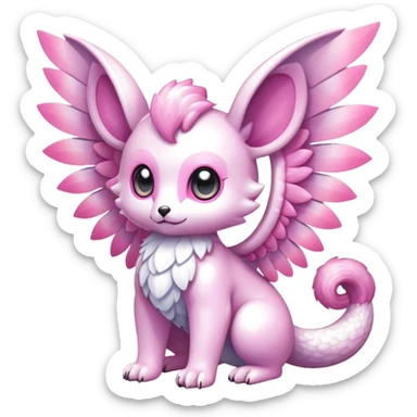 Shiny epic glittery iridescent divine white gold pink animal-fakemon-creature with head-ear-wings, cute, adorable, big eyes, fluffy tail sticker