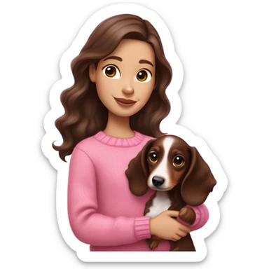 white girl with dark brown wavy hair in a pink sweater holds a dachshund chocolate and cream long haired puppy in her arms sticker