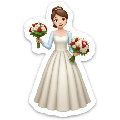 Chica blanca, cabello castaño, recogido en moño alto con mechones, vestido novia de manga larga, cuerpo entero, ramo de flores en una mano sticker