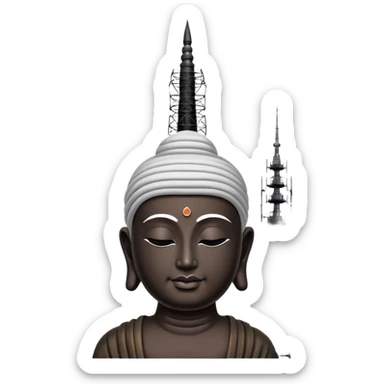 buddha silhouette from the neck up with radio tower on his head like a turban, broadcasting metaphysical thoughts with wifi signals emanating from the tip of the tower sticker