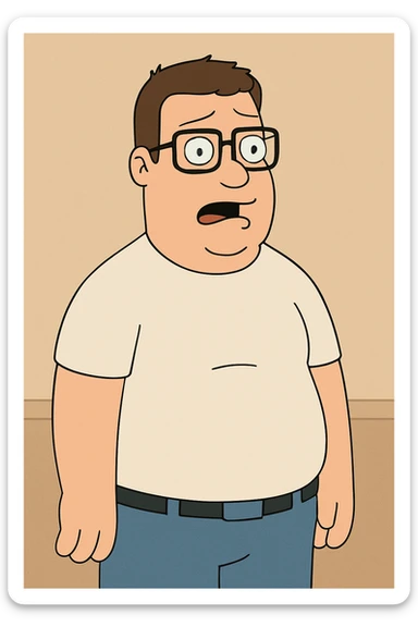 cartoon style male character, short dark brown hair, stocky build, glasses, greeny blue eyes sticker