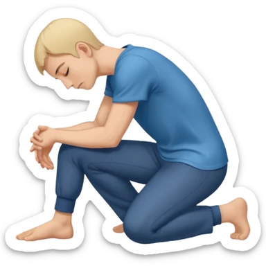 side view of a man kneeling on the ground with head and arms lowered, bowing deeply, gesture of respect or apology sticker