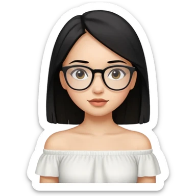 A light skinned girl with straight black hair on shoulder length wearing a white off shoulder and glasses sticker