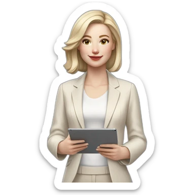 pale skin woman with ash blonde Straightened bob Hair, White Spacious classical jacket, beige palazzo Arrow pants and gray blouse holding a IPad Pro 12.9” in the hands sticker