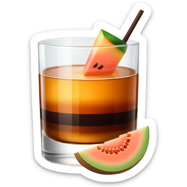 small clear glass with layered carajillo drink - amber liquor on bottom, dark coffee on top, with a slice of cantaloupe melon on the side sticker
