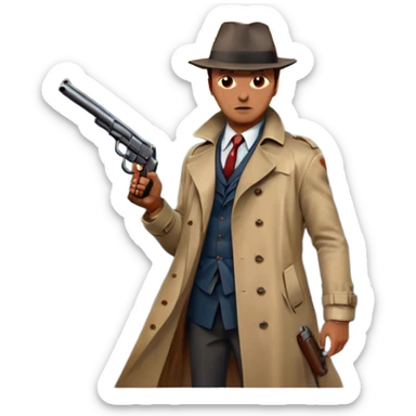 A vintage movie poster-style design featuring a close-up of a detective holding a gun on a dark London street. Full moon overhead, with blood splatter or stencil marks on the asphalt. The design should evoke a noir atmosphere, with retro cinematic typography. Transparent background. sticker