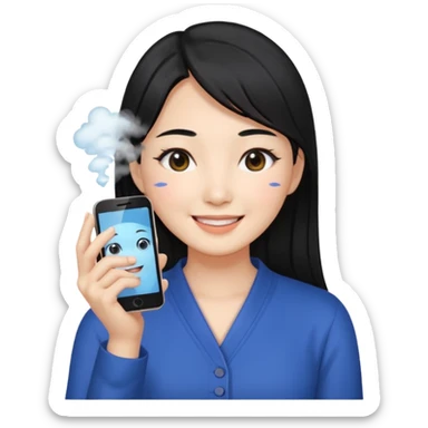 a korean cosmetics marketing expert women with black hair, holding face-mist and phone with smile on sticker