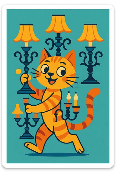 stylized cat carrying three elegant lamps, each lamp features three arms, charming and expressive sticker