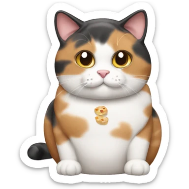 Fat calico cat with food sticker