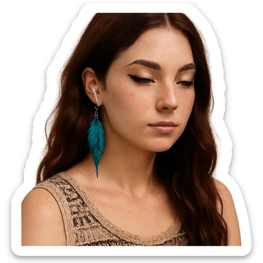 A young woman with fair skin, freckles, oval face, defined cheekbones, soft jawline, meditative expression. Hazelnut brown almond eyes with bold eyeliner, thick arched brows. Long, wavy, deep dark red hair, two loose strands in front. AirPods visible, boho woven top in natural colors. Blue feather earring in one ear, nose piercing on right. Calm, creative, bohemian, modern. sticker
