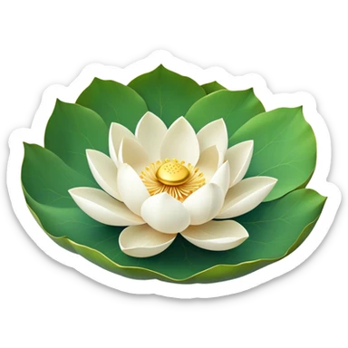 Pure white lotus flower with delicate pristine petals and golden center, accompanied by botanically accurate lotus leaf with distinctive notch and upturned edges sticker