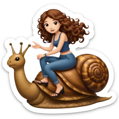 cute woman long curly brown hair tattoos riding giant snail sticker