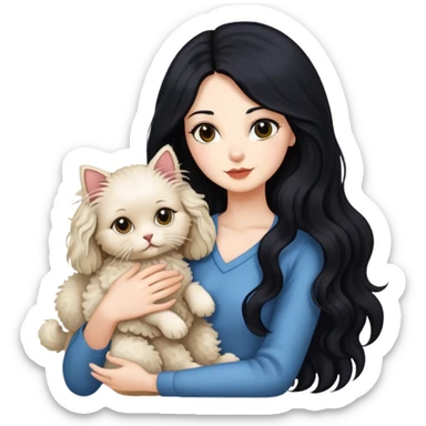 Lady with long black hair, with Ragdoll cat and small poodle  sticker