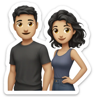 A half pale Asian man with short dark hair and amber eyes embracing and loving a half Asian woman with long wavy dark hair and dark hazel eyes. They love each other a lot And have good fashion taste. And are having a lot of fun sticker