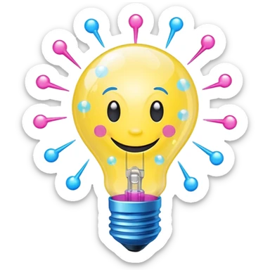 smiling lightbulb with spinning atom inside, chemical bubbles, small lightning bolt on top, vibrant colors yellow, neon blue, bright pink, feeling of fun and creative science sticker