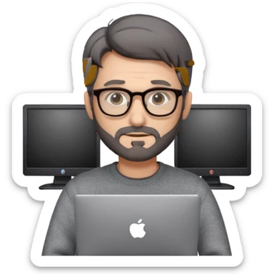 Profesor de pelo gris marrón oscuro con gafas un poco de barba jersey gris y un ordenador los óleos son marrones con poca cantidad de pelo sticker