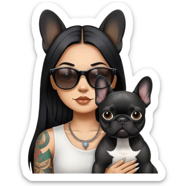 girl with long black  straight hair and tattoos and Wearing sunglasses and a black French bulldog sticker