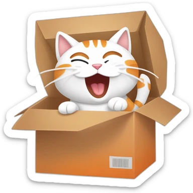 Cartoon art, a cat inside a box, yawning or stretching, simple lines, bright colors, white background, orange, white, and brown colors sticker