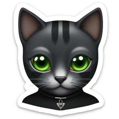 Black British cat with white stripes and green eyes with Batman’s wings sticker