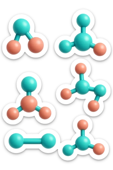 emoji 3d stile iphone di cinque molecole chimiche turchesi e rosa salmone che fluttuano in aria 3d sticker