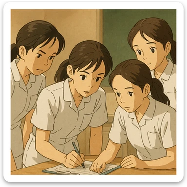 Group of four nursing students in white short-sleeve medical uniforms with V-neck, no collar, no buttons, left chest pocket, bare arms, long hair tied back, visibly collaborating, based on photo references, in Ghibli style. sticker