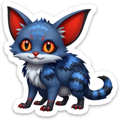 Shiny colorful exotic midnight blue-gray-black, with red markings, white belly, scaley scaly batty feline-like quadrupedal digitigrade furry feral Bastet-Noibat-Gatomon-Garchomp-Digimon-Fakémon-Pokémon-creature (full body) sticker