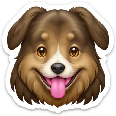 dog face with a long-haired brown and black brindle coat and light brownish gold eyes smiling with tongue hanging slightly out. sticker