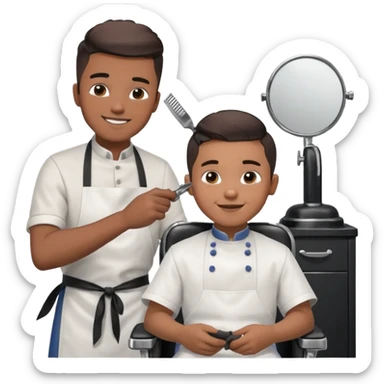 Barber cutting boys hair. Show the boy sat in black barber chair and both having smiles on their faces sticker
