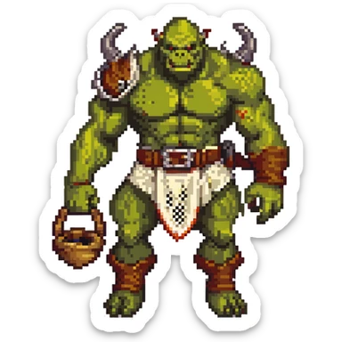 orc male Belt of defeated "Pesky Sand Crab" claws, flexing with a net full of loot. sticker