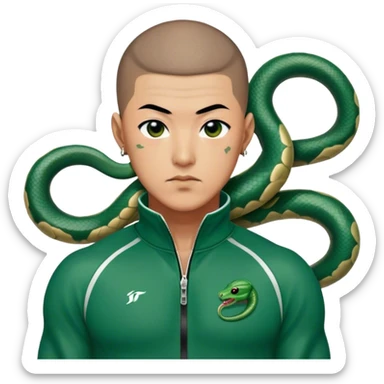 Jang Deok-su Squid game, Age: Late 30s
Appearance: A large, muscular man with a buzz cut and a tattoo of a snake on his neck.
Outfit: Green player tracksuit sticker
