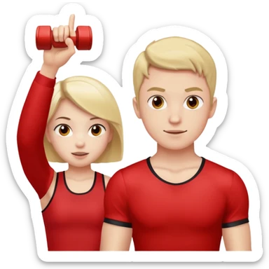 Girl and boy in red gym clothes who points out sticker