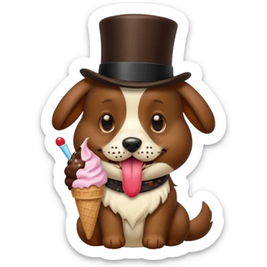 Dog licking ice cream with a top hat sticker