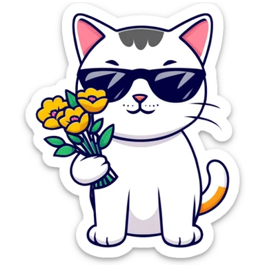 cat wearing sunglasses holding a bouquet of flowers sticker