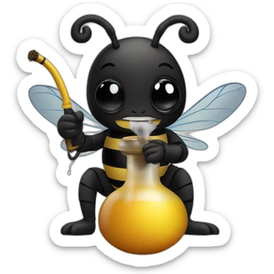 a black bee holds a hookah in its paws and smokes it through a pipe sticker